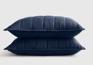 Quince Sham Set Navy Blue European Linen Box Quilted NEW